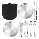Set De Cubiertos Y Platos Metálicos Para Camping O Asado - Imagen 2